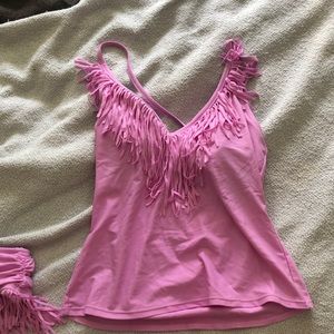 Jessica Simpson pink ruffle bathing suit set - halter top and bottom.